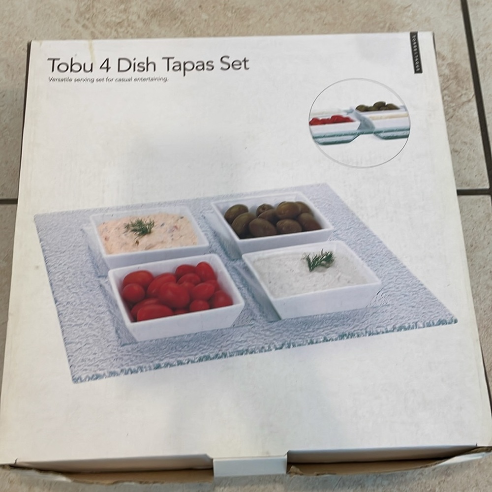 Torre & Tagus Tobu 4 Dish Tapas Set Glass Porcelain Entertaining Serving New